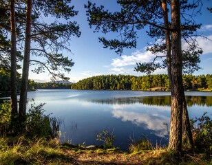 Calm lake scene framed by pine trees