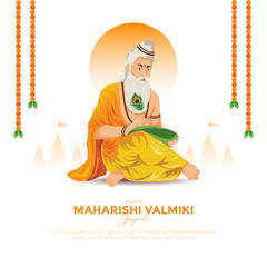 Fototapeta na wymiar Happy Valmiki Jayanti Celebration Vector Illustration – Maharishi Valmiki with Ramayana, Indian Spiritual Festival Background, Religious Poster Design