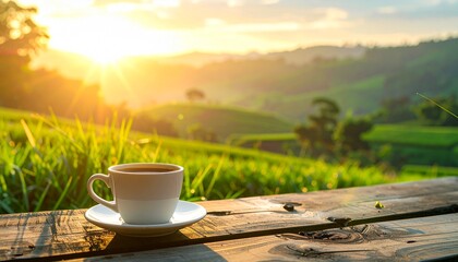 A peaceful morning landscape with warm sunlight, fresh green grass, coffee on a wooden