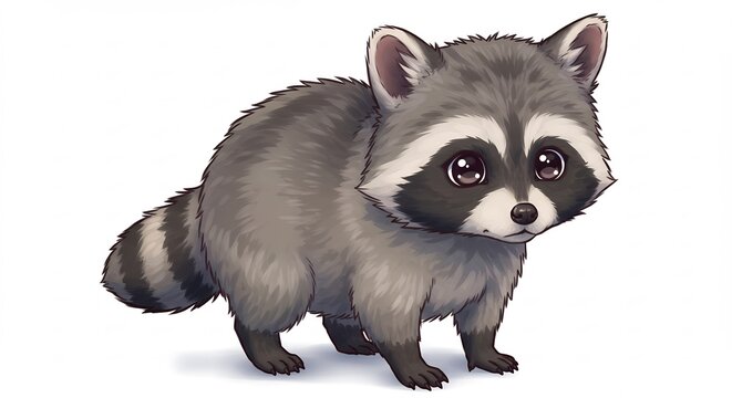 Ilustracion digital de mapache tierno de ojos enormes y pelaje gris esponjoso creando una estetica dulce