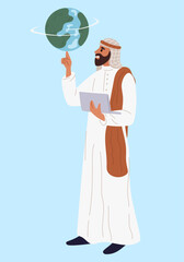 Arab male businessman in traditional muslim dress spins planet Earth on finger. International business. Global communication. Arabian man in abaya. Standing Saudi man. Vector concept