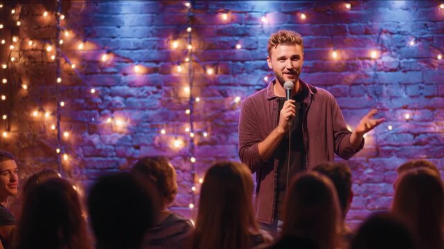 A smiling comedian tells jokes to a laughing audience on a stage at a comedy club.