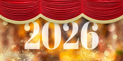 2026 New Year greeting with falling red curtain on a golden background with fireworks