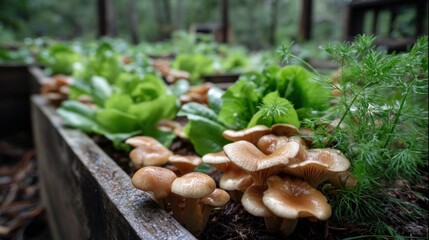 Harvesting fresh mushrooms and greens in a serene garden bed