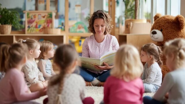A teacher shares a story with a group of engaged young children in a classroom setting.