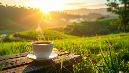 A peaceful morning landscape with warm sunlight, fresh green grass, coffee on a wooden