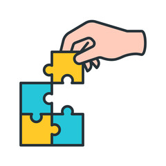 Hand placing puzzle piece icon, problem solution, flat color style