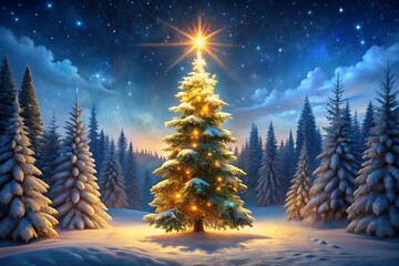 Illuminated Christmas tree in a snowy forest under a starry night sky graphic design isolated on a transparent background