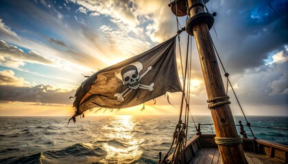 Jolly Roger ondeando en un mástil de madera de un barco pirata antiguo, bandera negra rota y desgastada en las esquinas, detalles del paso del tiempo y batallas, mar abierto con niebla © Argiduna