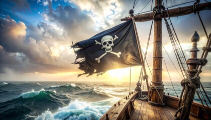 Jolly Roger ondeando en un mástil de madera de un barco pirata antiguo, bandera negra rota y desgastada en las esquinas, detalles del paso del tiempo y batallas, mar abierto con niebla © Argiduna