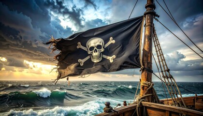 Jolly Roger ondeando en un mástil de madera de un barco pirata antiguo, bandera negra rota y desgastada en las esquinas, detalles del paso del tiempo y batallas, mar abierto con niebla © Argiduna