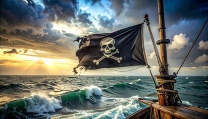 Jolly Roger ondeando en un mástil de madera de un barco pirata antiguo, bandera negra rota y desgastada en las esquinas, detalles del paso del tiempo y batallas, mar abierto con niebla