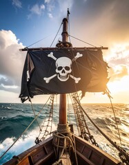 Jolly Roger ondeando en un mástil de madera de un barco pirata antiguo, bandera negra rota y desgastada en las esquinas, detalles del paso del tiempo y batallas, mar abierto con niebla © Argiduna