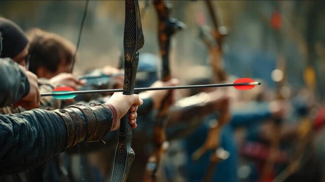 Archers draw their bows, ready to release arrows with skill and precision in a historical setting.