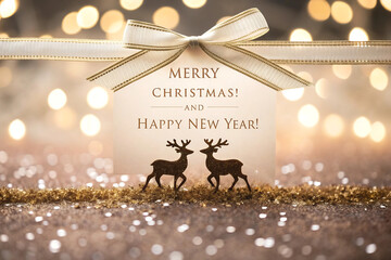 Merry Christmas and Happy New Year Tag with Reindeer Silhouettes and Bokeh Lights greeting card isolated on a transparent background