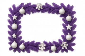 Purple christmas tree branches forming decorative frame with white ornaments, stars, and snowflakes, transparent background