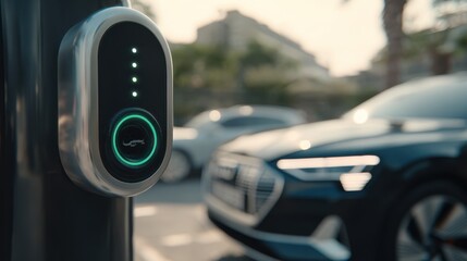 Medium shot of a sleek fast EV charger with glowing indicator lights main charging port in sharp focus and blurred electric car in background during daylight.