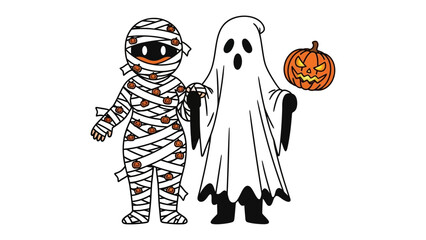 Halloween Figures: Whimsical illustrations of a mummy and a ghost, alongside a carved pumpkin, capture the playful spirit of Halloween.