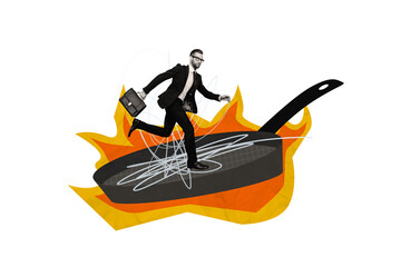 Composite creative art collage of serious businessman run fire burn pan cooking project deadline...