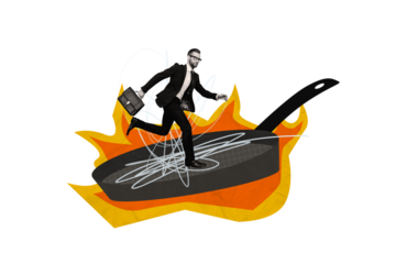 Composite creative art collage of serious businessman run fire burn pan cooking project deadline problem isolated on painted background