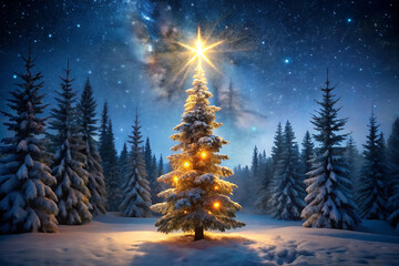 Illuminated Christmas tree in a snowy forest under a starry night sky with a bright star on top graphic isolated on a transparent background