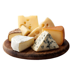 Assorted cheeses on wooden board, white isolated background