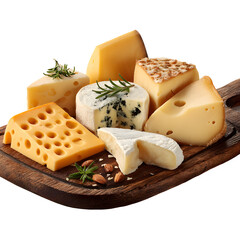 Assorted cheeses on wooden board, white isolated background