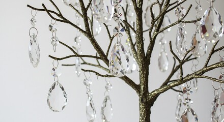Elegante árbol decorado con brillantes cristales transparentes reflejando la luz sutil y pura