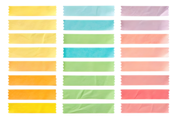 Colorful sticky notes arranged in rows and columns isolated on transparent background