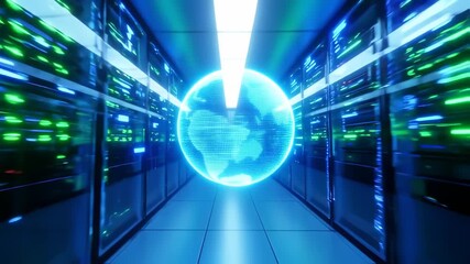 Futuristic server room with glowing globe, data center visualization, high-tech network - Powered by Adobe