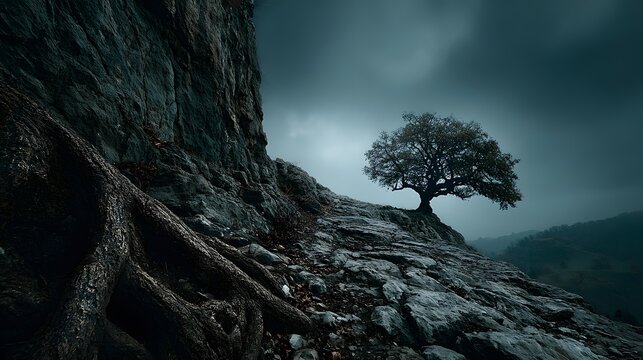 A solitary tree stands silhouetted atop a rocky cliff overlooking a misty valley under a dramatic sky, its roots clinging to the rugged terrain for survival. - Powered by Adobe
