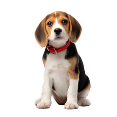 Beagle puppy with red collar sitting down, white isolated background