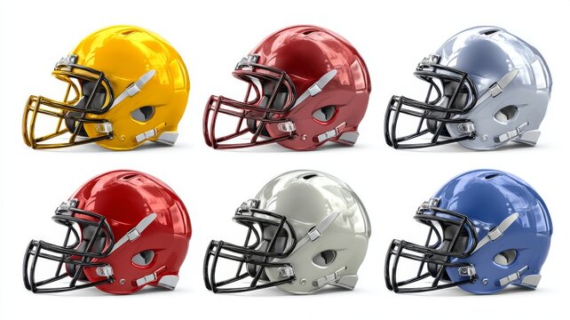 Set of isolated american football helmets on white background sports equipment protective safety gear for training practice and game concept