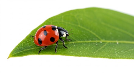 Una mariquita roja vibrante posa delicadamente sobre hoja verde capturada con luz brillante que realza su belleza natural pura