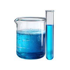 Beaker with blue liquid and test tube, white isolated background