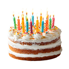 Birthday cake with colorful candles, white isolated background