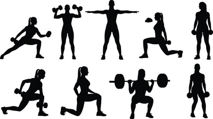 Fitness workout women silhouette with dumbbells, barbell training, strength exercise poses, gym workout routine, healthy lifestyle, fitness training motivation