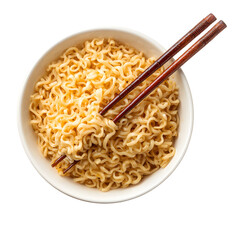 Bowl of ramen noodles with chopsticks, white isolated background