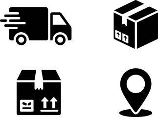 Fast delivery truck, shipping boxes, and location pin icons symbolizing logistics and transport services