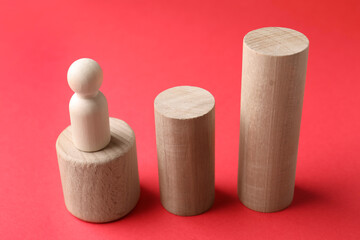 Risk. Wooden blocks and figure on red background, closeup