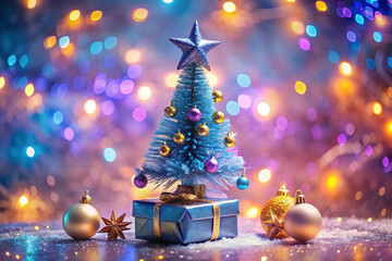 Miniature Blue Christmas Tree with Ornaments and Gift Box small decorated isolated on a transparent background