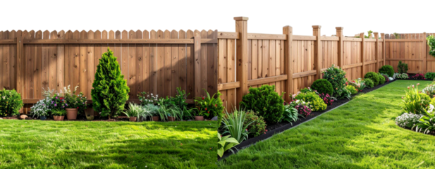 Fresh Green Grass Lawn with Wooden Fence and Garden Plants