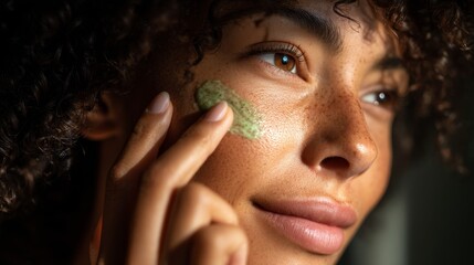Young woman of African descent with curly black hair and freckles applying green cream to her face with fingers. Healthy glowing skin. Generative AI
