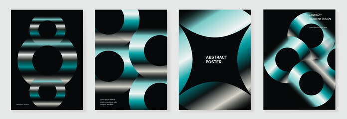 Obraz na płótnie Canvas Modern gradient poster on dark background vector set. Minimalist cover template with vibrant perspective geometric prism shapes in motion. Ideal design for social media, cover, banner, flyer.