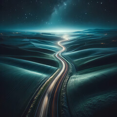 Aerial View of Winding Highway Through Rolling Hills at Night – Starry Sky, Moonlit Landscape with Car Headlights Creating Light Trails