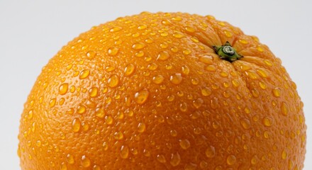 Naranja fresca y jugosa con gotas de agua reluciendo intensamente bajo una luz de estudio clara