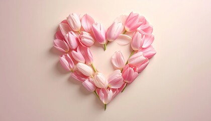A heart shape formed by light pink tulips and petals on a pale pink background.  The arrangement is simple yet elegant, conveying a romantic feel
