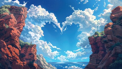 A heart-shaped cloud formation fills the bright blue sky between two majestic, reddish-brown cliffs overlooking a calm ocean. A tiny figure stands on one clifftop, enjoying the serene view