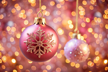 Pink Christmas Ornament with Snowflake and Purple Ornament with Bokeh Lights bauble isolated on a transparent background