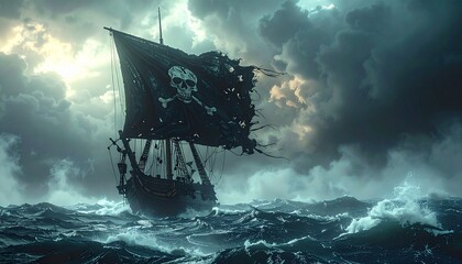Jolly Roger ondeando en un mástil de madera de un barco pirata antiguo, bandera negra rota y desgastada en las esquinas, detalles del paso del tiempo y batallas, mar abierto con niebla 